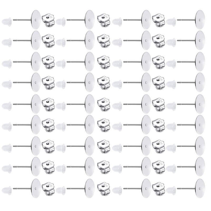 Moonear 150 PCS 925 Sterling Silver Plated Earrings Posts Flat Pad Hypoallergenic Earring Posts and Backs Earring Studs Blanks for Jewelry Making Findings(8MM) - Image 1